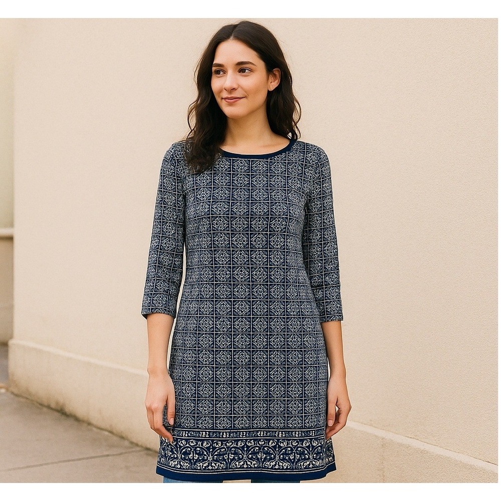 Max‎ Studio Women's XS Blue Geometric Print Shift Dress Boho Coastal 3/4 Sleeve